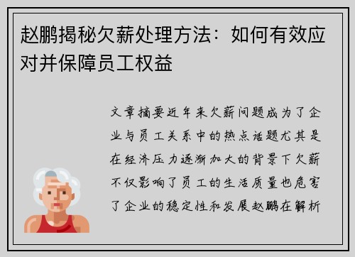 赵鹏揭秘欠薪处理方法：如何有效应对并保障员工权益